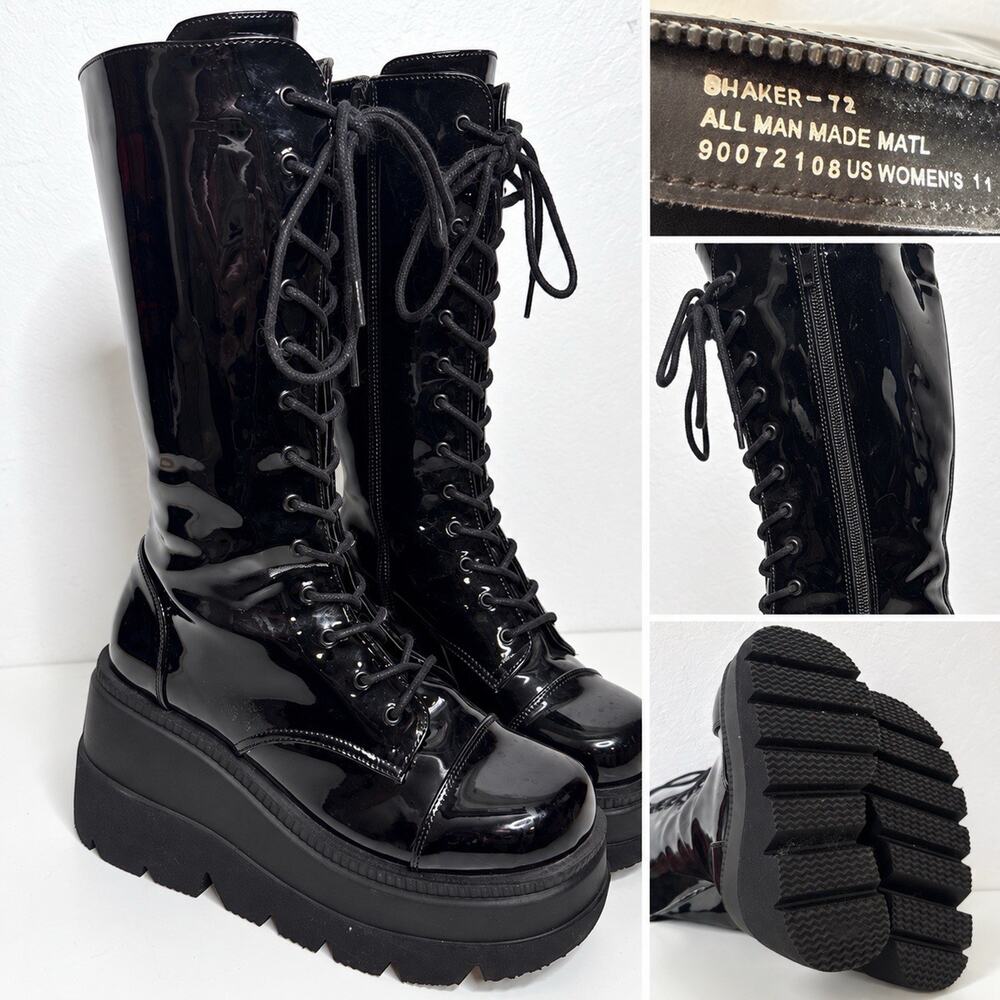Demonia Shaker 72 Black Shiny Platform Wedge Heel tall Boots Womens Size 11